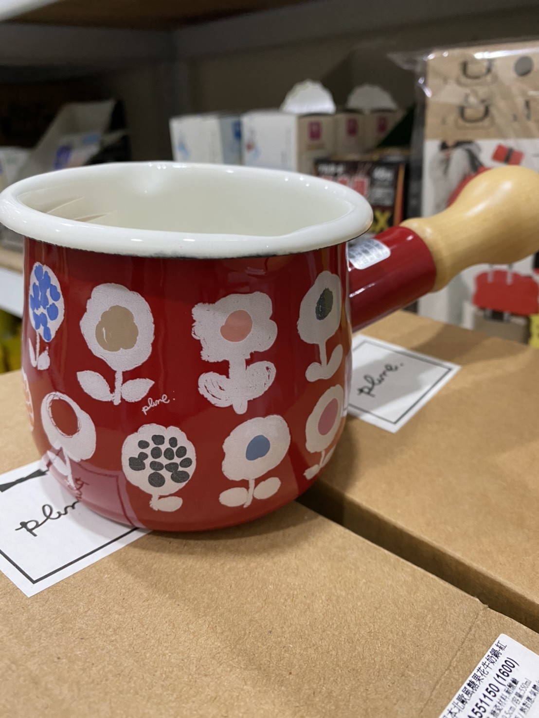 日本製Plune 琺瑯木柄牛奶鍋無蓋紅底花朵